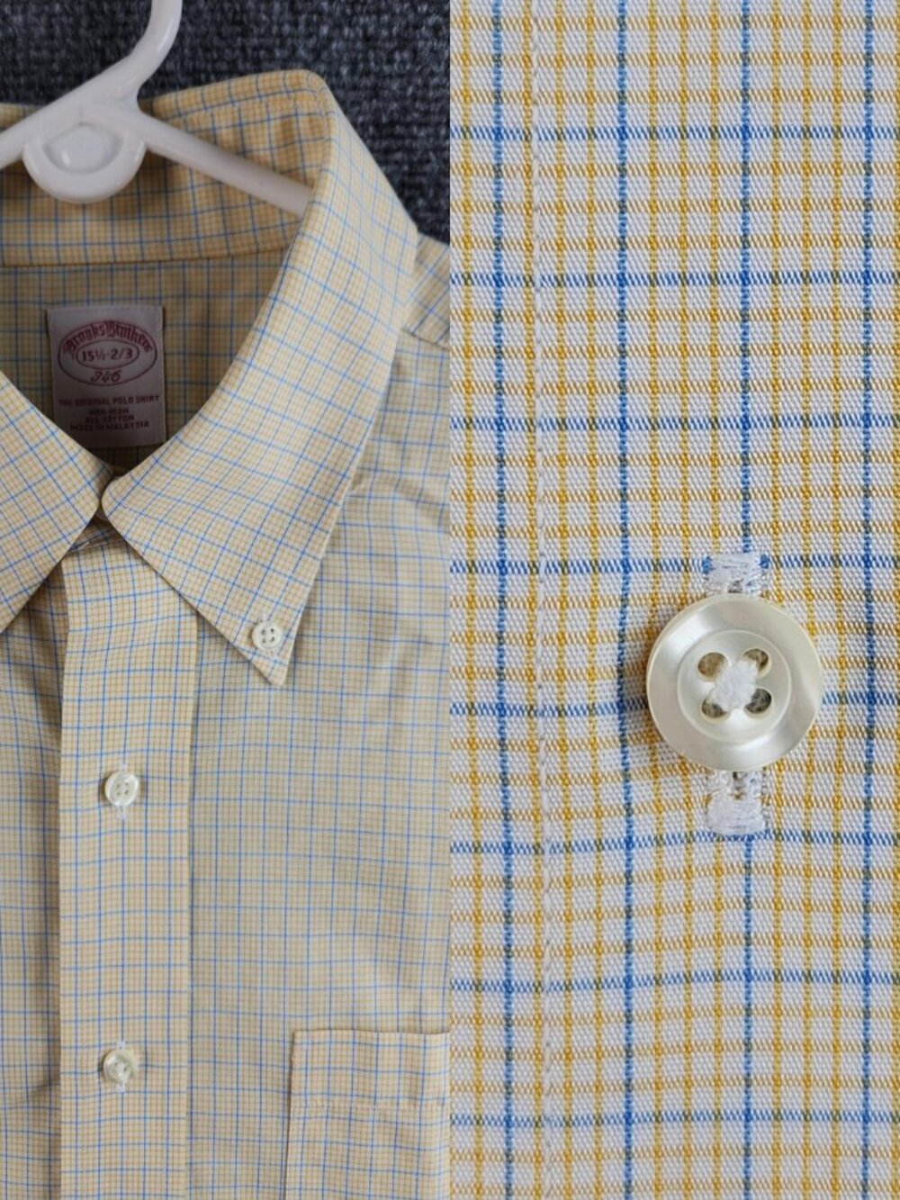 Brooks Brothers Check Cotton 15.5 32/33 Non-Iron Button-Down Yellow Blue Shirt